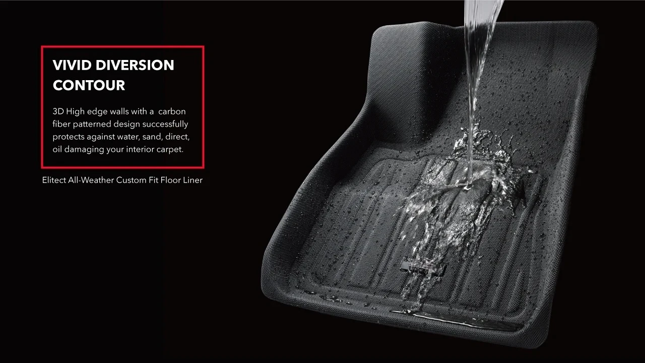 3D MAXpider E-Series Elitect floor liner with water poured into the well, showing high edge walls and carbon-fibre patterned diversion contour