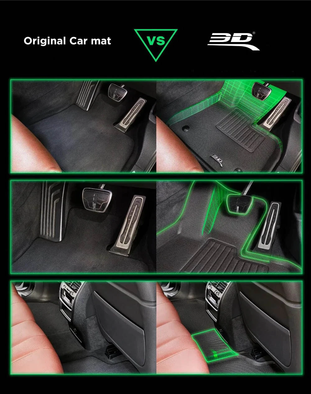 Side-by-side comparison of an OEM factory floor mat next to a 3D MAXpider K-Series liner across three footwells