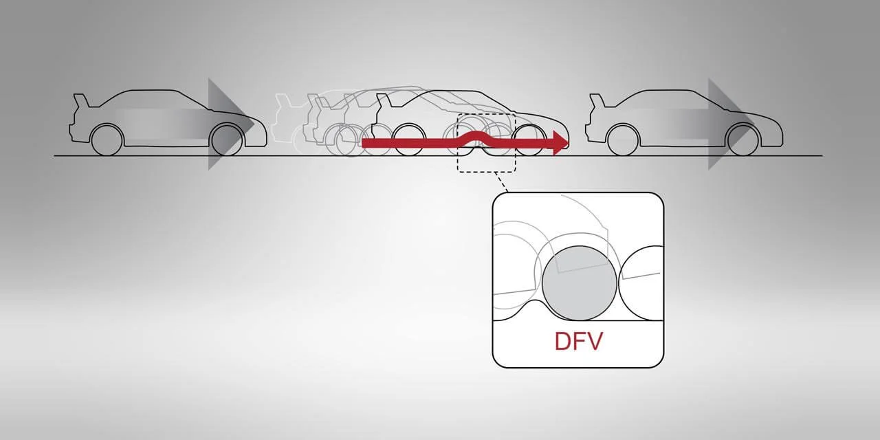 Damper with DFV valve open allowing faster rebound to maintain tyre contact with road