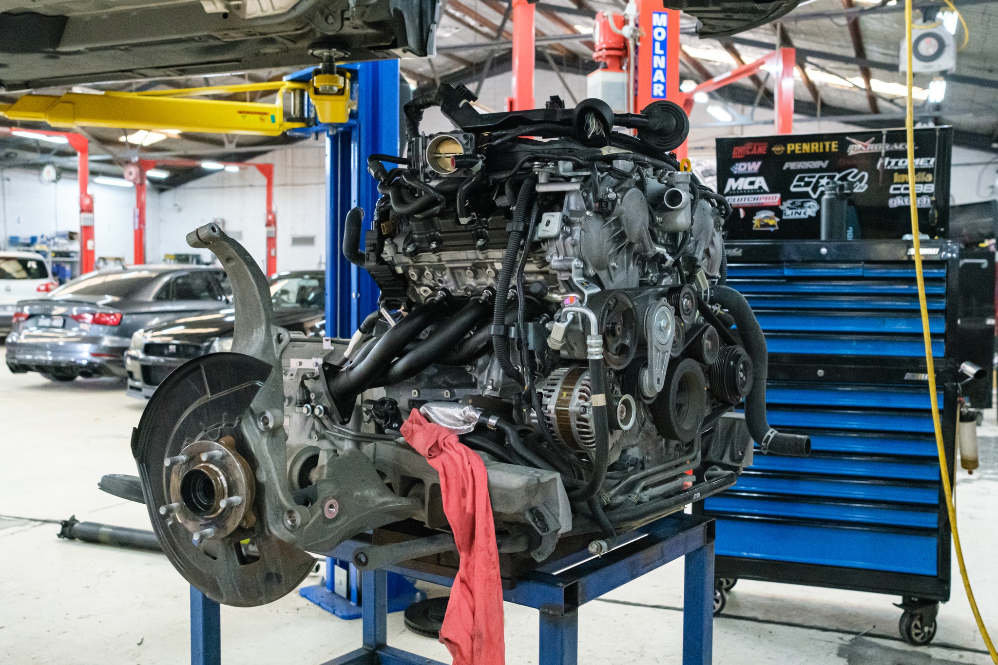 VQ37VHR engine on stand ready for Fujitsubo header installation