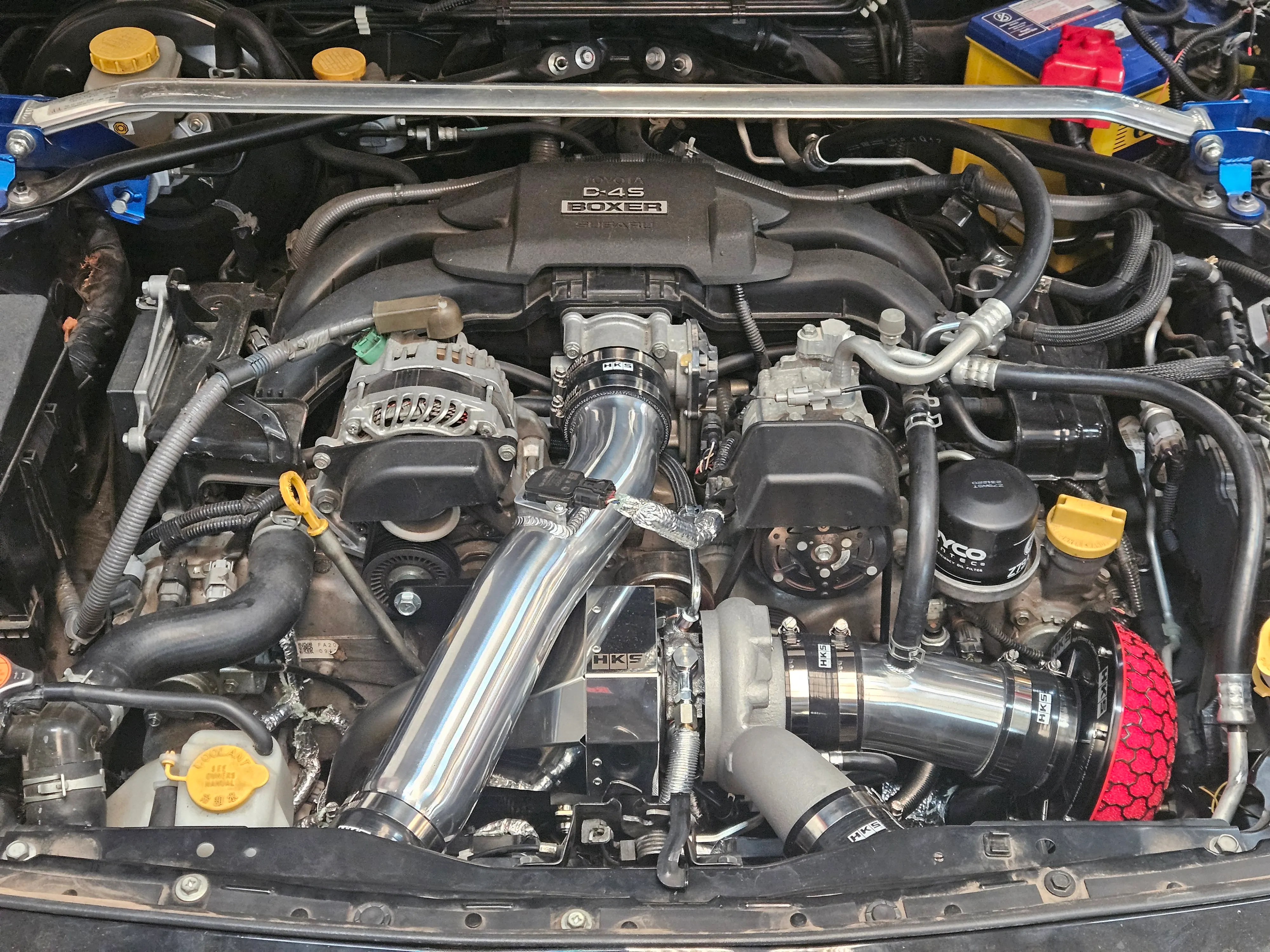Completed Toyota 86 engine bay with HKS turbo kit and D-4S Boxer engine