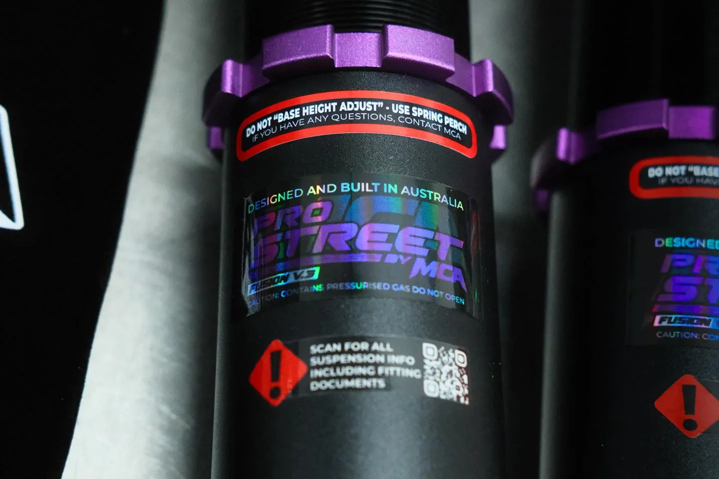 MCA Pro Street Fusion V3 coilover body close-up showing Designed and Built in Australia label