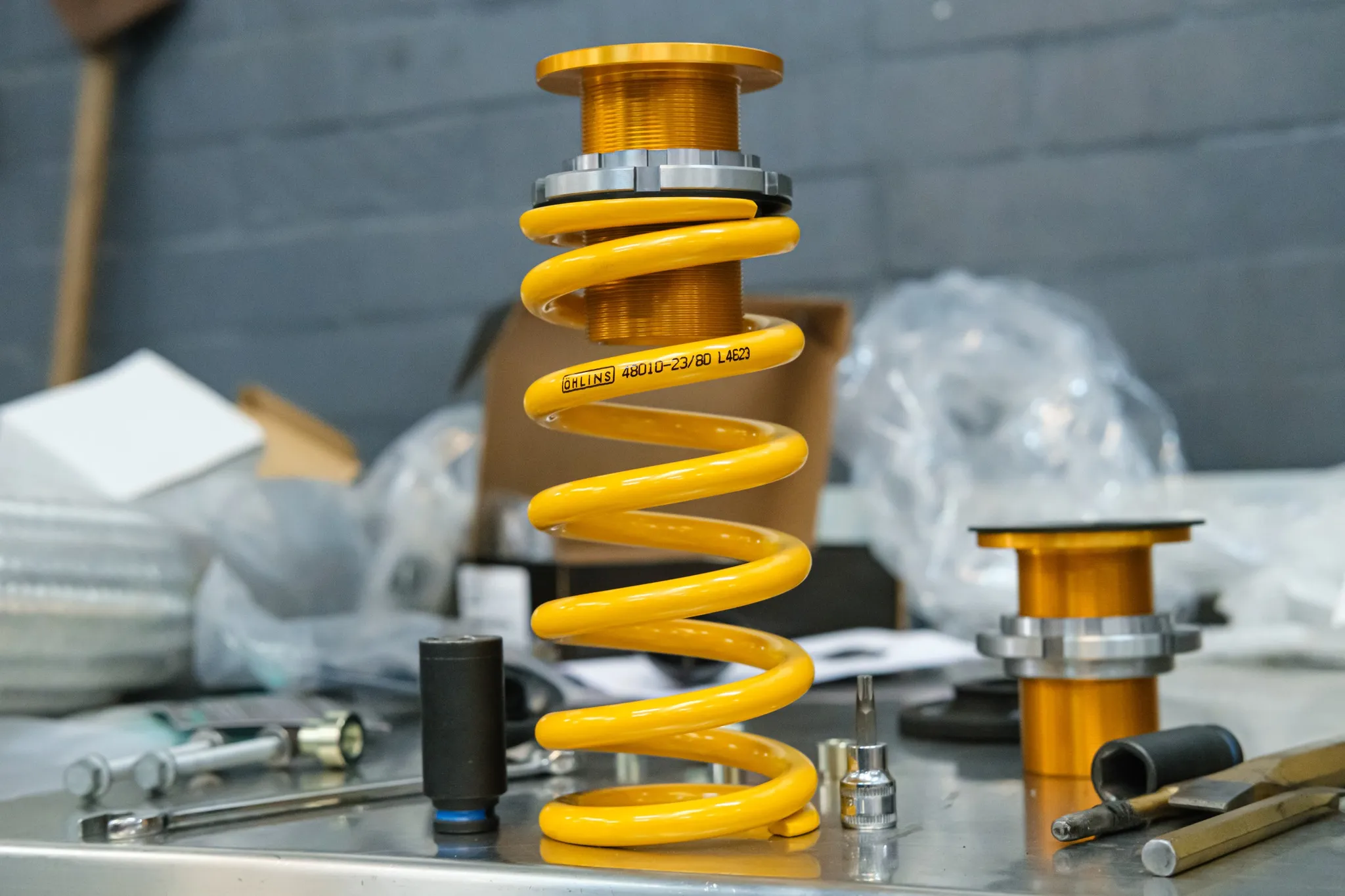 Öhlins Road & Track DFV coilover kit unboxed showing precision engineering